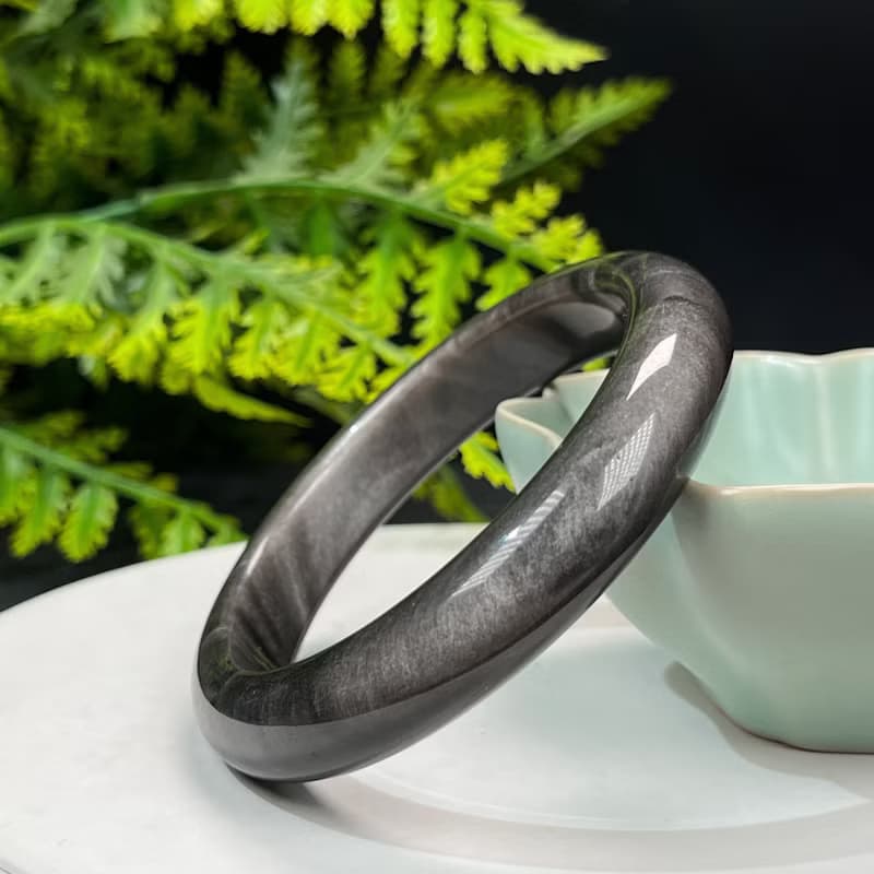 高品質 銀曜石手鐲 59MM 雙天眼千層銀色黑曜石手環 耀眼靈動聚氣
