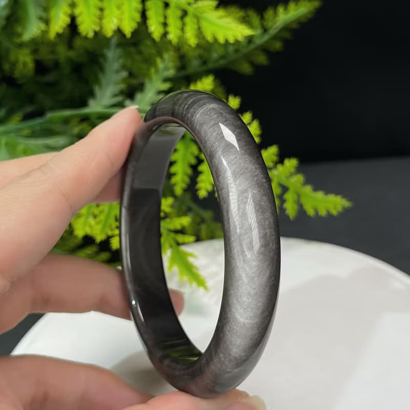 高品質 銀曜石手鐲 59MM 雙天眼千層銀色黑曜石手環 耀眼靈動聚氣