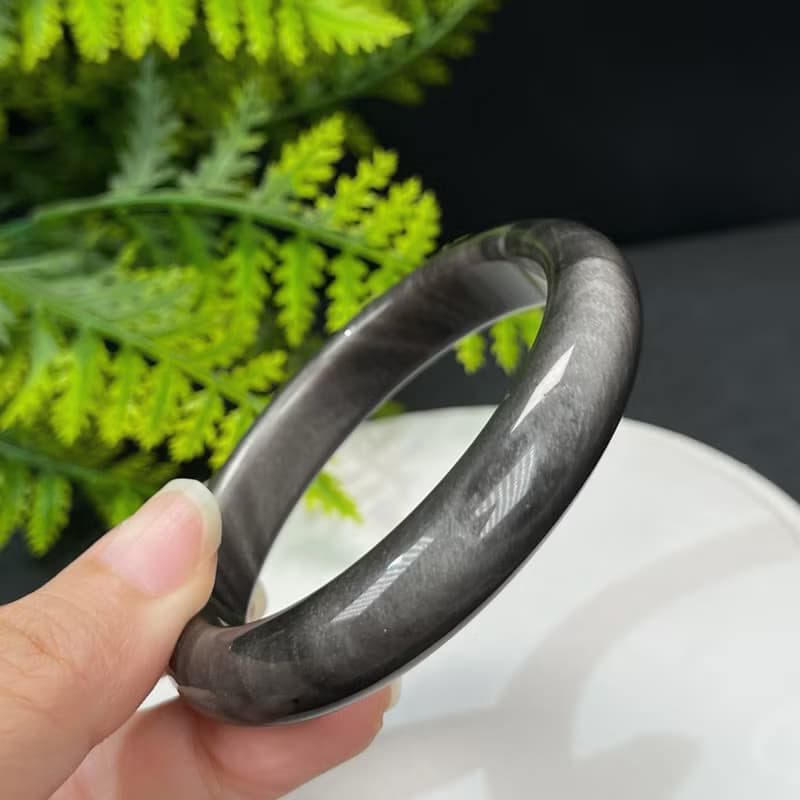 高品質 銀曜石手鐲 59MM 雙天眼千層銀色黑曜石手環 耀眼靈動聚氣