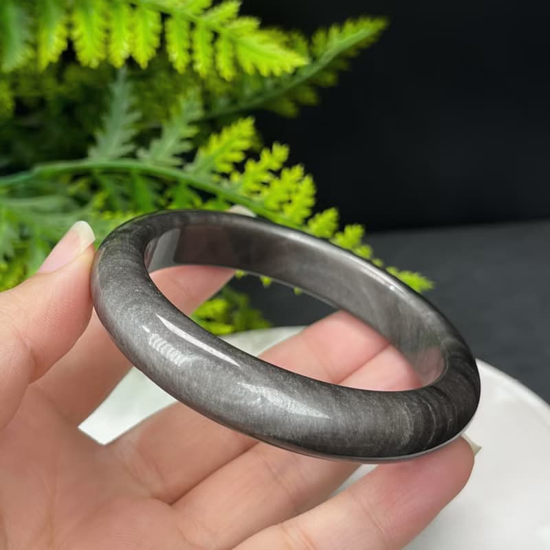 高品質 銀曜石手鐲 59MM 雙天眼千層銀色黑曜石手環 耀眼靈動聚氣