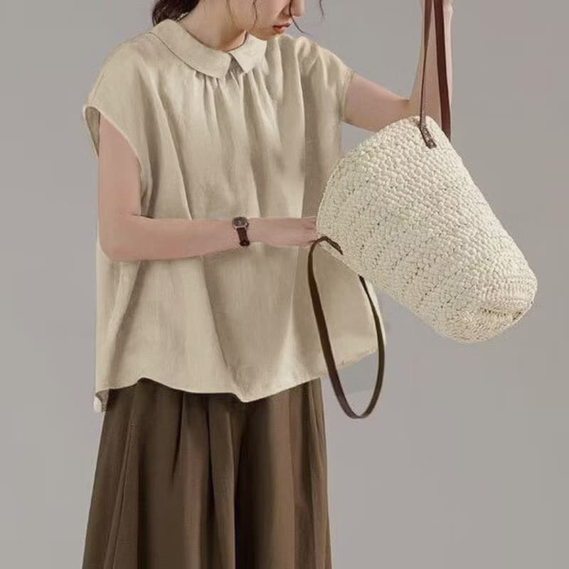 Cotton top shirt  oversized Small collar, sleeves below shoulders.  handmade