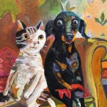 Cat and Dog Painting Original Art Small  Oil Painting on Cardboard