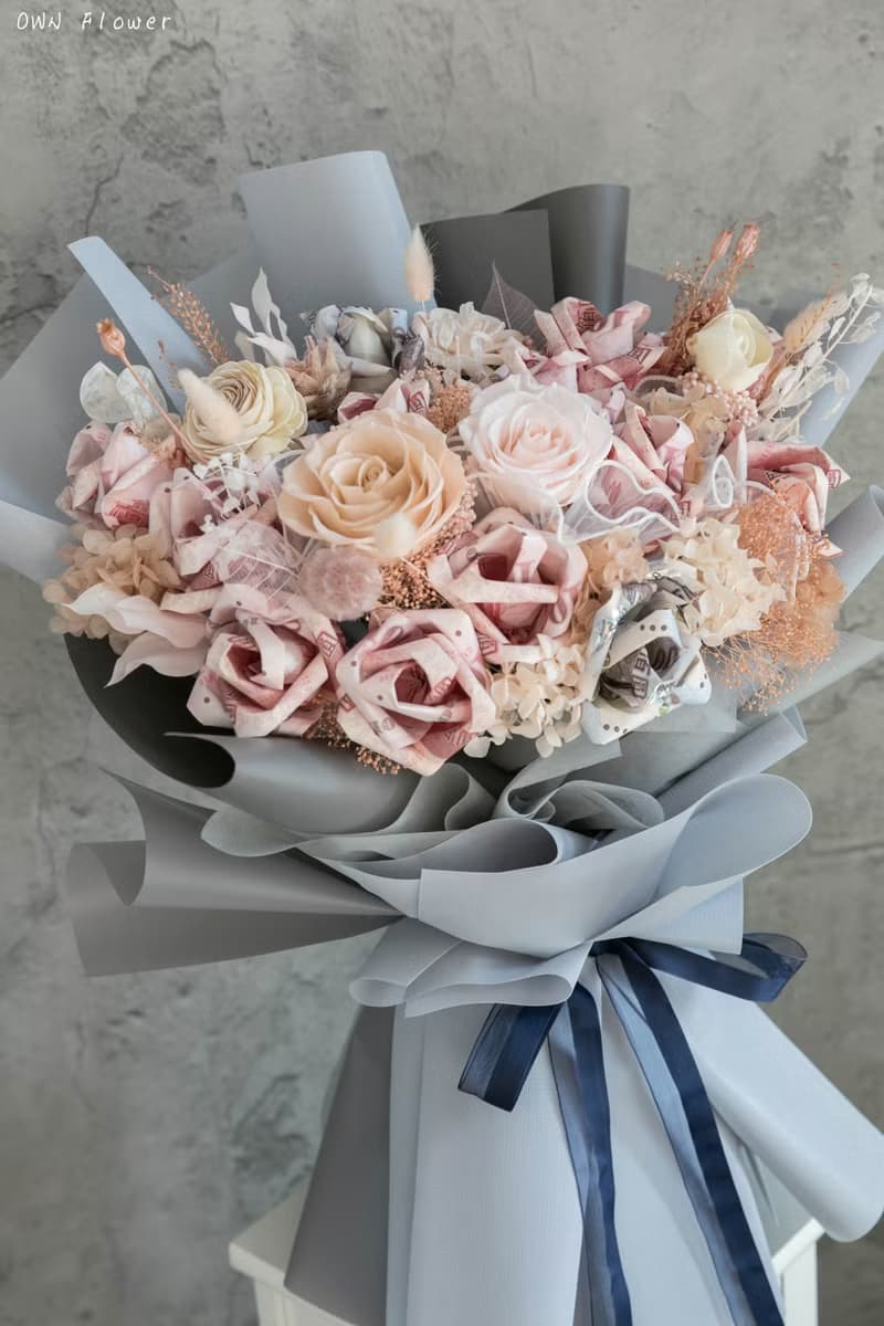 藍色花束/錢花花束/鈔票花束/錢花束/有錢花/永生花花束/生日花束