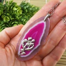 Pink Fuchsia Agate Slice Slab Silver Flower Floral Pendant Necklace Jewelry Gift