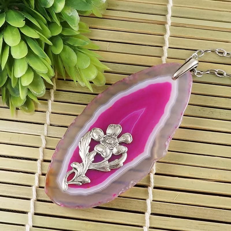 Pink Fuchsia Agate Slice Slab Silver Flower Floral Pendant Necklace Jewelry Gift