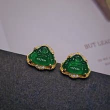 招財|鮮綠佛|a貨翡翠老坑冰綠佛公9.5mm純銀鍍18k黃精緻耳環