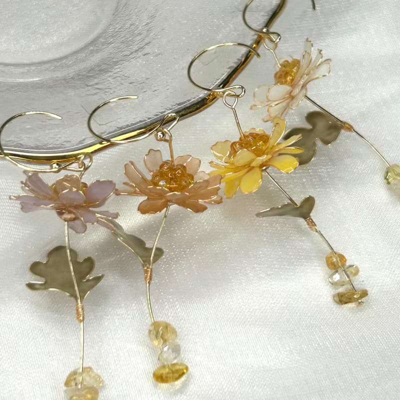 【橘色野菊x黃水晶-水晶花耳環】11月生日花生日石 花言日和