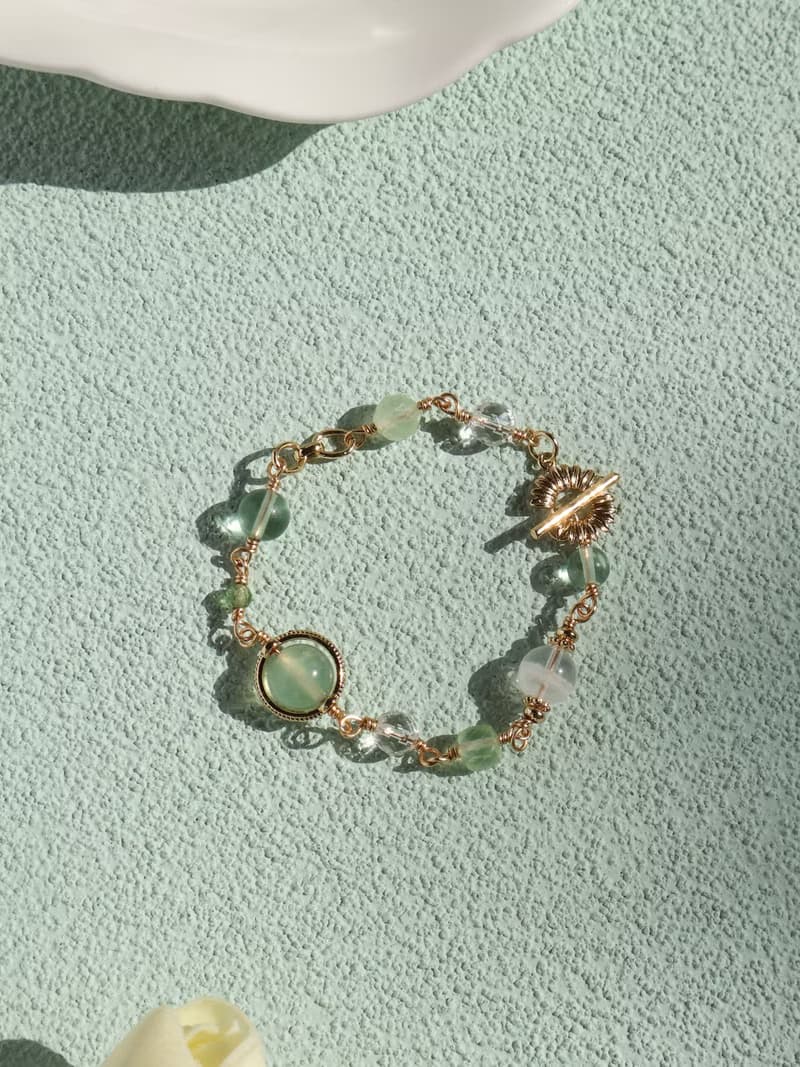 心平氣荷。葡萄石 螢石 白幽靈 14K包金 水晶礦石設計手鍊