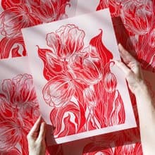 Botanical Linocut Print Tulips Pink Red Flower Original Artwork Wall Art Decor