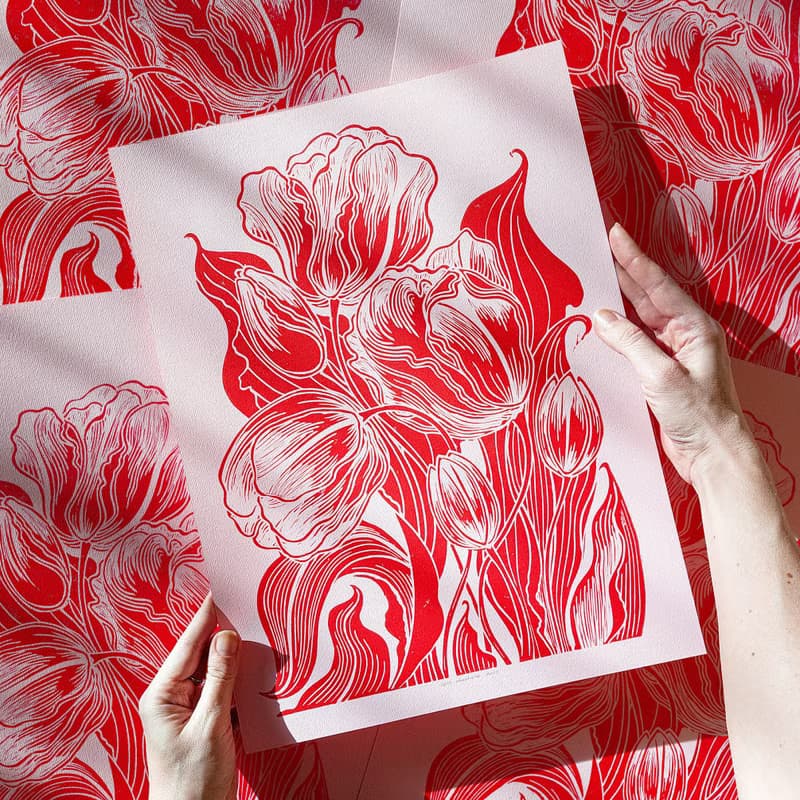 Botanical Linocut Print Tulips Pink Red Flower Original Artwork Wall Art Decor