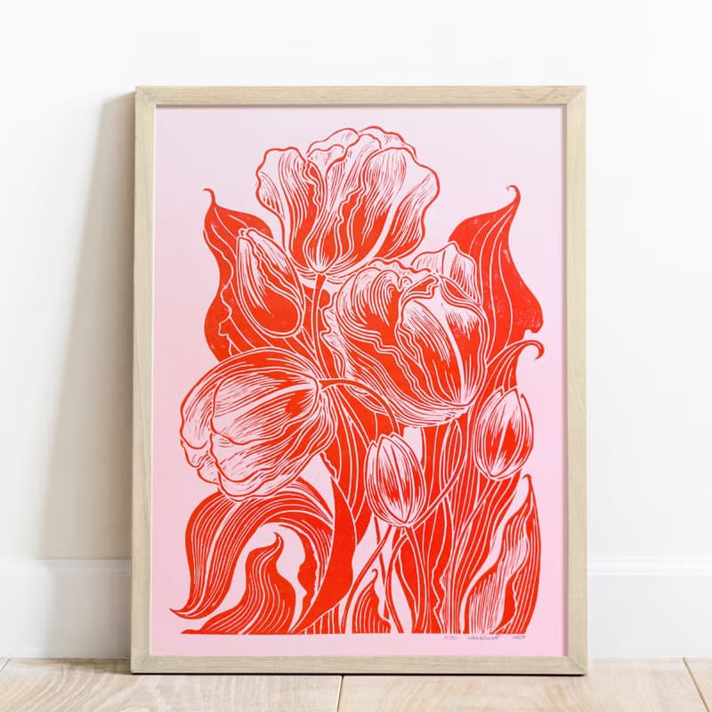 Botanical Linocut Print Tulips Pink Red Flower Original Artwork Wall Art Decor