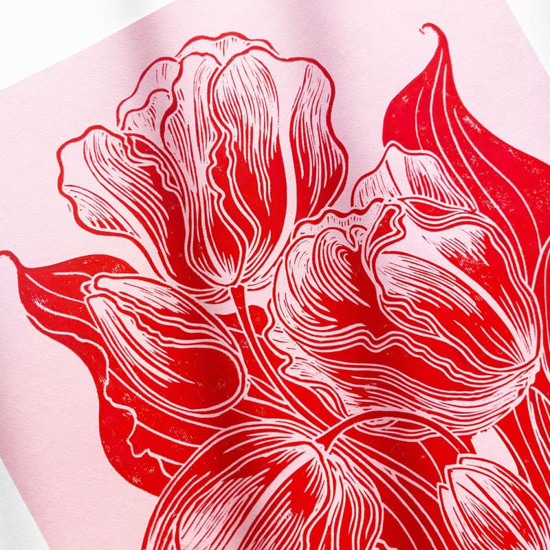 Botanical Linocut Print Tulips Pink Red Flower Original Artwork Wall Art Decor
