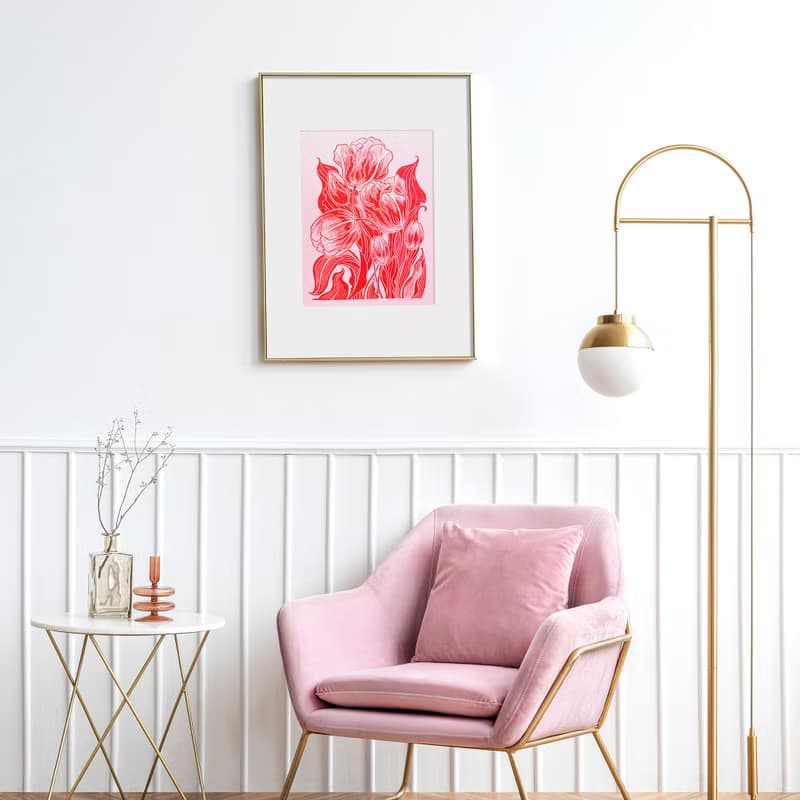 Botanical Linocut Print Tulips Pink Red Flower Original Artwork Wall Art Decor