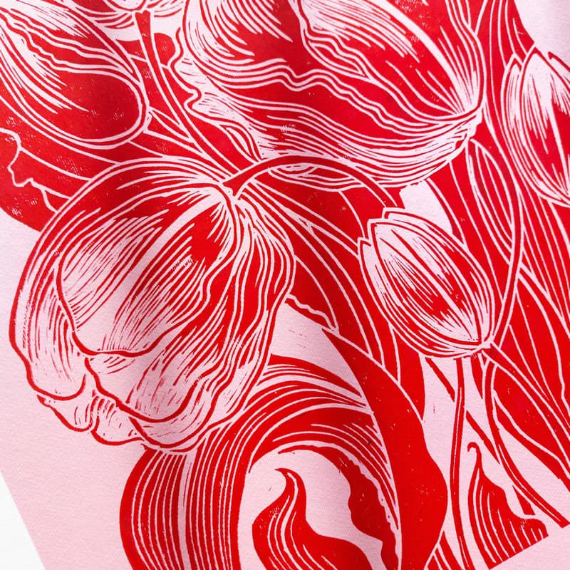 Botanical Linocut Print Tulips Pink Red Flower Original Artwork Wall Art Decor