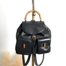 【 日本直送　名牌中古包 】GUCCI グッチ バックパック ブラック バンブー レザー ダブルポケット リュック vintage ヴィンテージ thtsm7