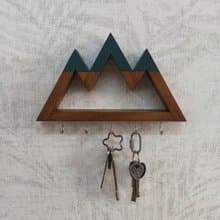 Wall key holder mountains with three tops, wooden key rack, key hooks for wall