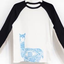 女裝純棉長袖棒球裝上衣 黑白撞色印花T-shirt 設計上衣-祕魯羊駝