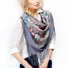 Pavlovo Posad Russian Shawl 100% Wool Scarf 125x125 cm Wrap Silk Fringe 1437-1