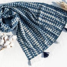 手工木刻印植物染圍巾手織圍巾 編織圍巾 藍染純綿絲巾-藍摩洛哥