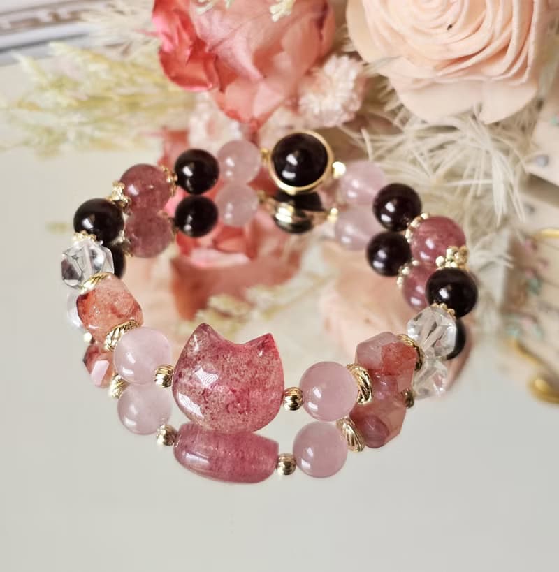 好氣色草莓晶貓款-愛情/喜悅/水晶手鍊/紅膠花/紅石榴/馬粉