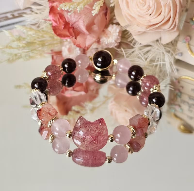 好氣色草莓晶貓款-愛情/喜悅/水晶手鍊/紅膠花/紅石榴/馬粉