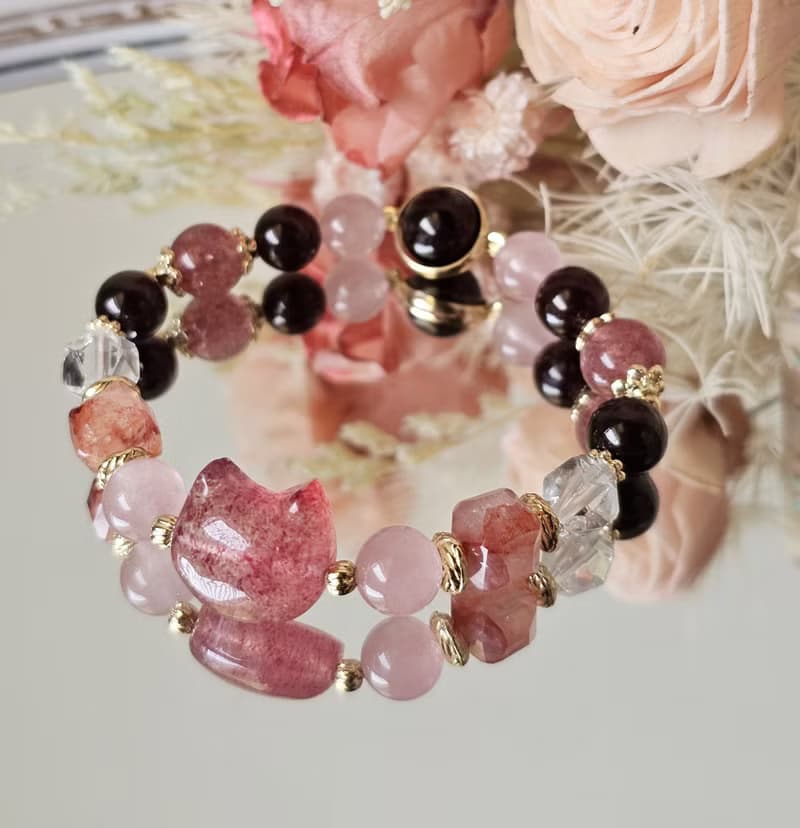 好氣色草莓晶貓款-愛情/喜悅/水晶手鍊/紅膠花/紅石榴/馬粉