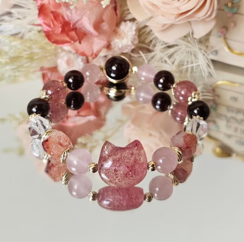 好氣色草莓晶貓款-愛情/喜悅/水晶手鍊/紅膠花/紅石榴/馬粉