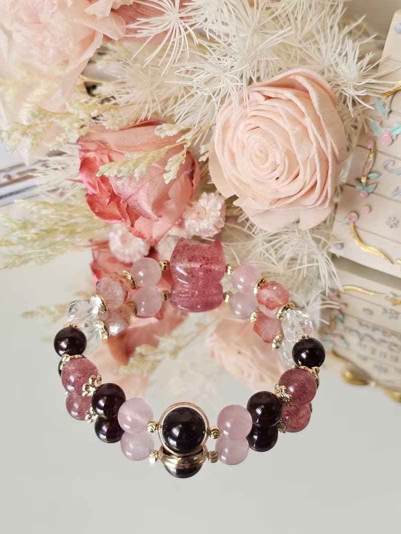 好氣色草莓晶貓款-愛情/喜悅/水晶手鍊/紅膠花/紅石榴/馬粉