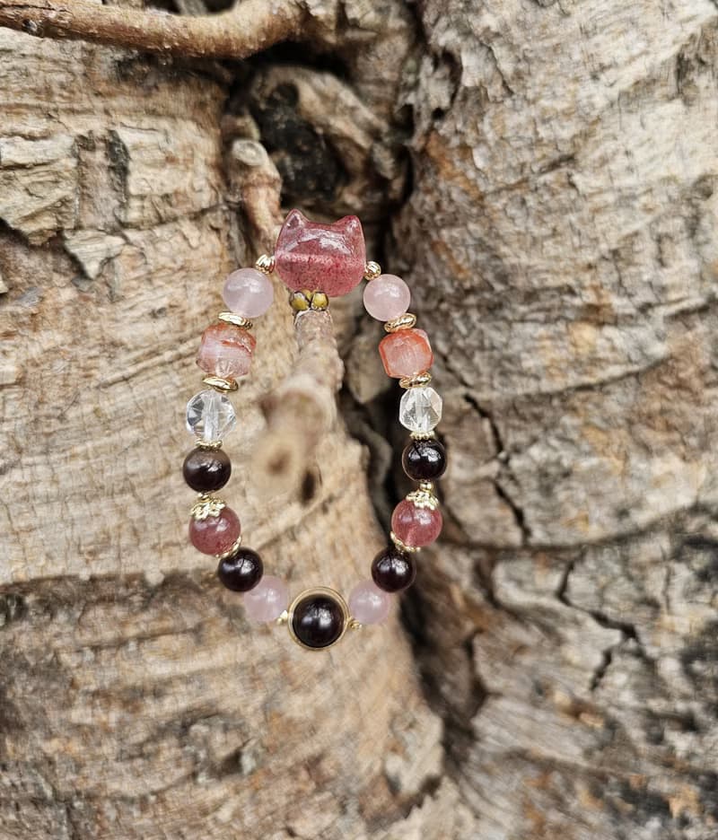 好氣色草莓晶貓款-愛情/喜悅/水晶手鍊/紅膠花/紅石榴/馬粉