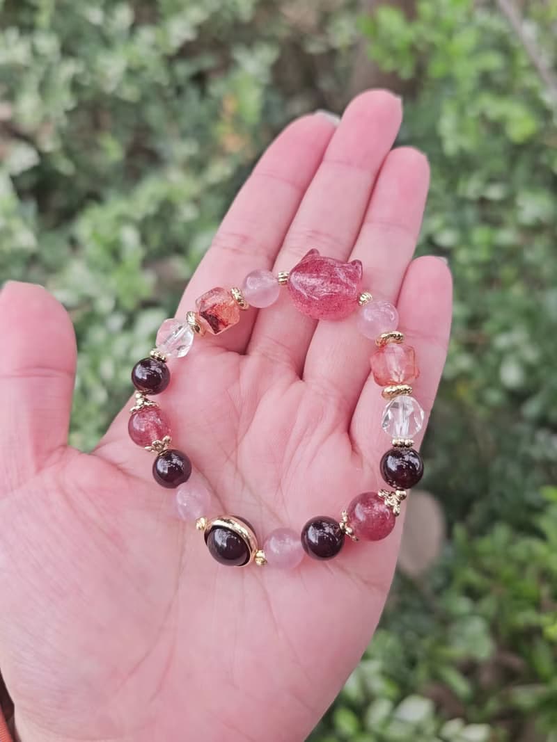 好氣色草莓晶貓款-愛情/喜悅/水晶手鍊/紅膠花/紅石榴/馬粉