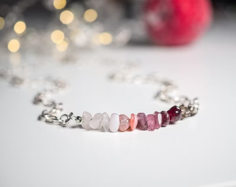5 Crystals Necklace, 925 Silver, Garnet,Tourmaline, Pink Opal, Rose Quartz