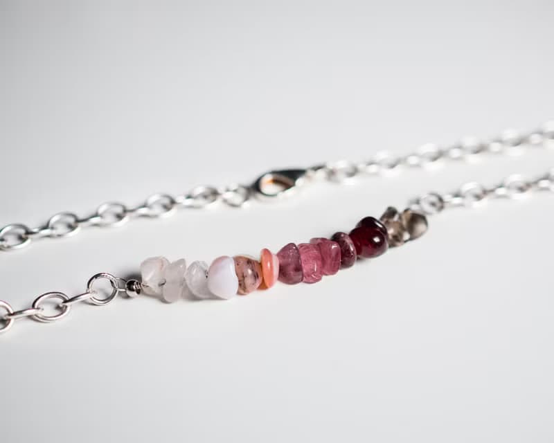 5 Crystals Necklace, 925 Silver, Garnet,Tourmaline, Pink Opal, Rose Quartz