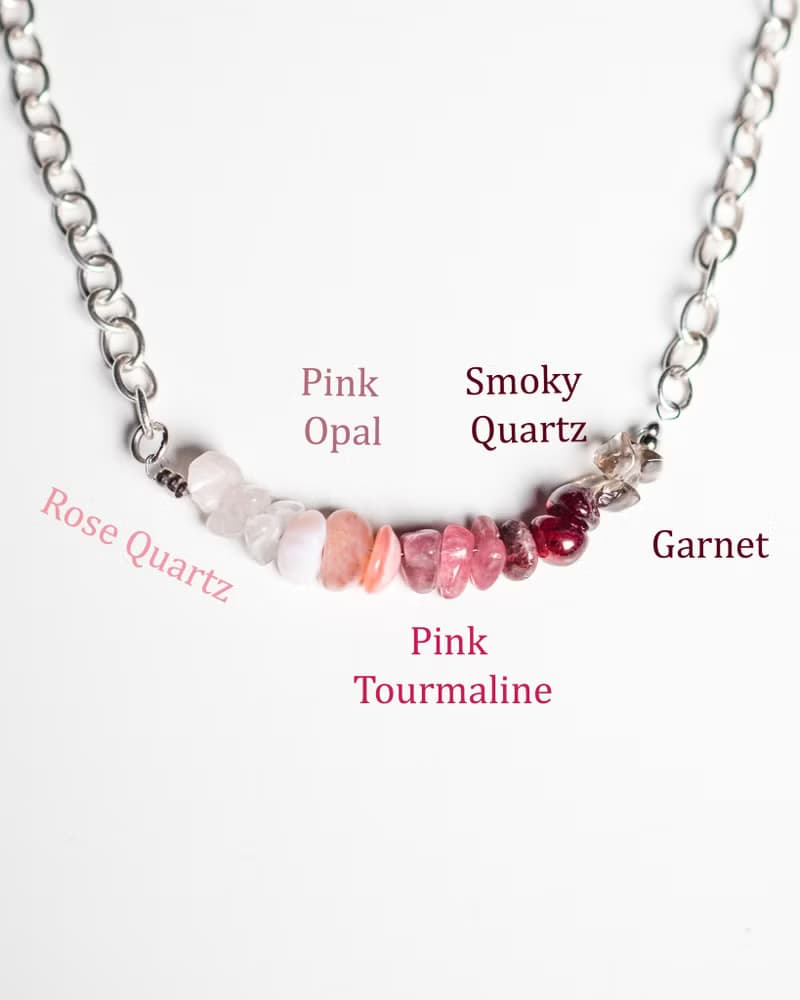 5 Crystals Necklace, 925 Silver, Garnet,Tourmaline, Pink Opal, Rose Quartz