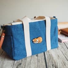 手工縫製托特側肩包帆布小手袋 牛仔布貓貓玩金魚刺繡 可拆調