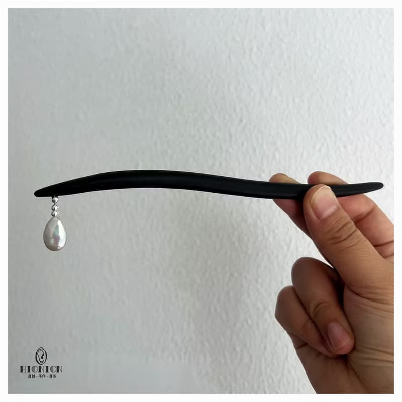 小眾設計新中式古典風純銀天然水滴珍珠黑檀木復古盤發髮簪秋冬配