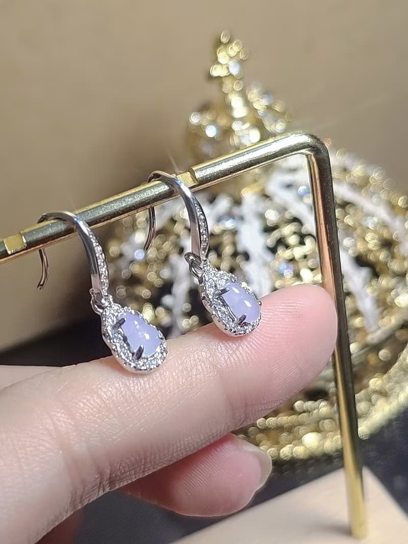 |福祿仙女|A貨翡翠高冰淡粉紫起光葫蘆6mm純銀鍍k耳環