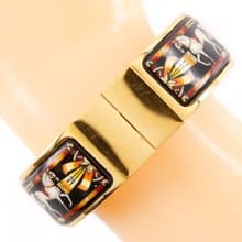 【日本直送】エルメス HERMES ロケエマイユ  ブレスレット 七宝焼 馬柄 バングル 金メッキ 黒 約64.3g レディース【中古】