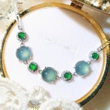 |財富女神|A貨翡翠冰玻淡藍剛超大蛋面9mm純銀鍍18k小奢華手鏈