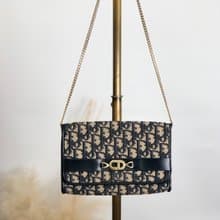 【 日本直送　名牌中古包 】Christian Dior トロッター ショルダーバッグ ネイビー CD ジャガード チェーン vintage r754bh