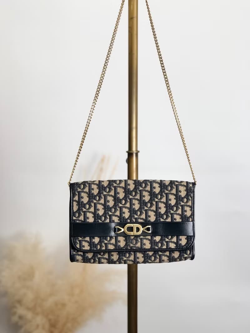 【 日本直送　名牌中古包 】Christian Dior トロッター ショルダーバッグ ネイビー CD ジャガード チェーン vintage r754bh