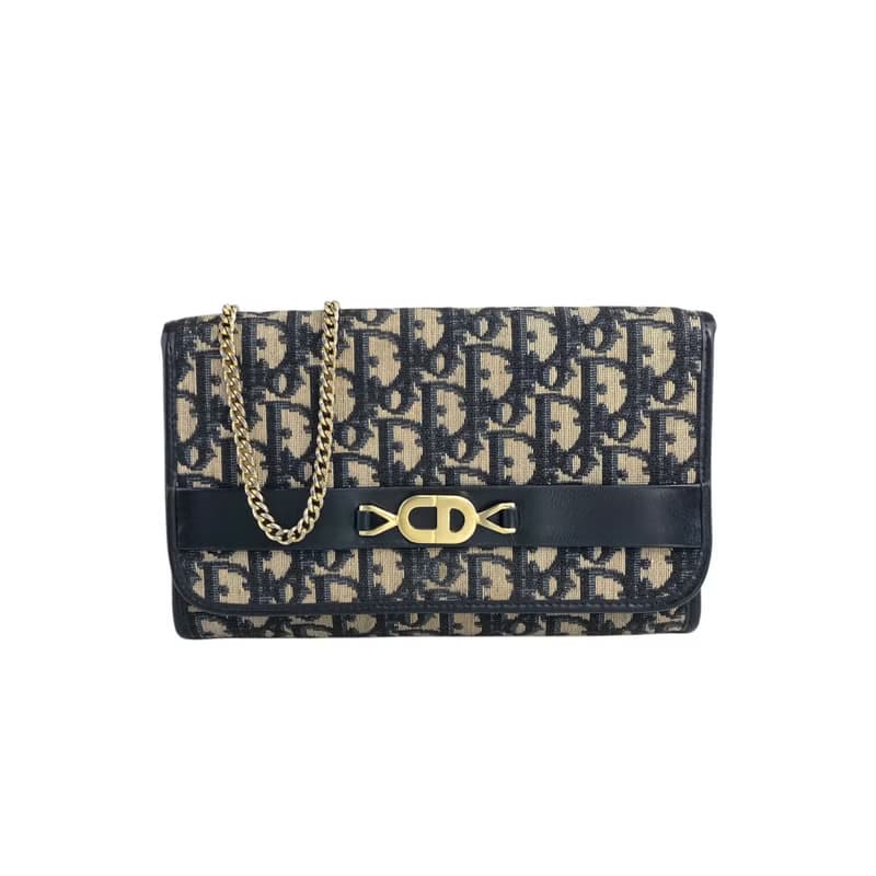 【 日本直送　名牌中古包 】Christian Dior トロッター ショルダーバッグ ネイビー CD ジャガード チェーン vintage r754bh