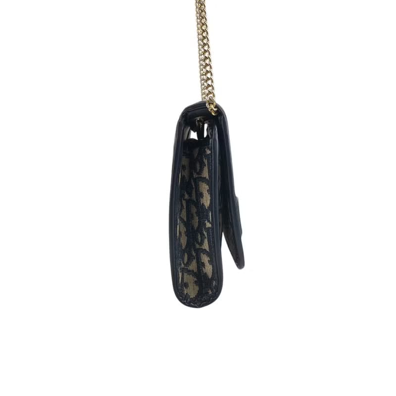【 日本直送　名牌中古包 】Christian Dior トロッター ショルダーバッグ ネイビー CD ジャガード チェーン vintage r754bh