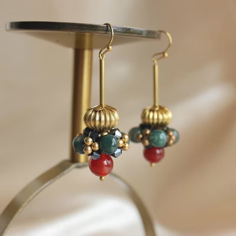 天堂鳥Bird of Paradise Flower 黃銅耳環 瑪瑙