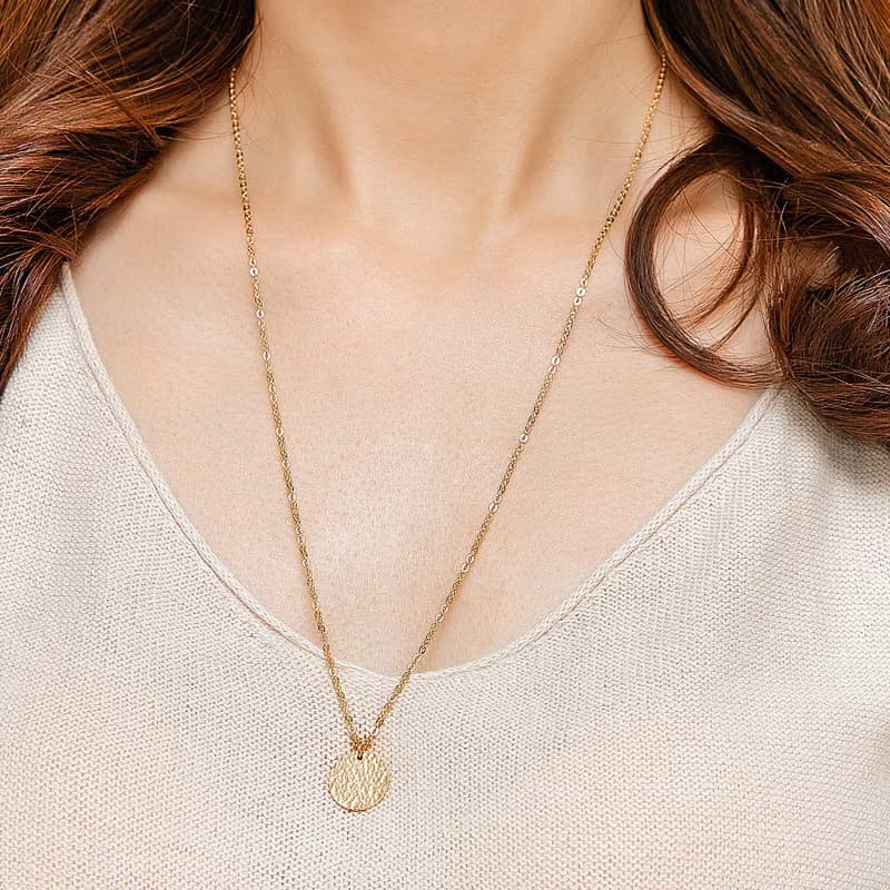 Hammered Disc Pendant Silver Necklace 圓餅純銀鍍18K金長項鍊