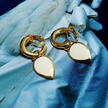 vintage jewelry  心型白琺瑯吊墜式夾式耳環