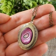 Pink Fuchsia Abalone Paua Shell Bronze Photo Locket Pendant Necklace Jewelry