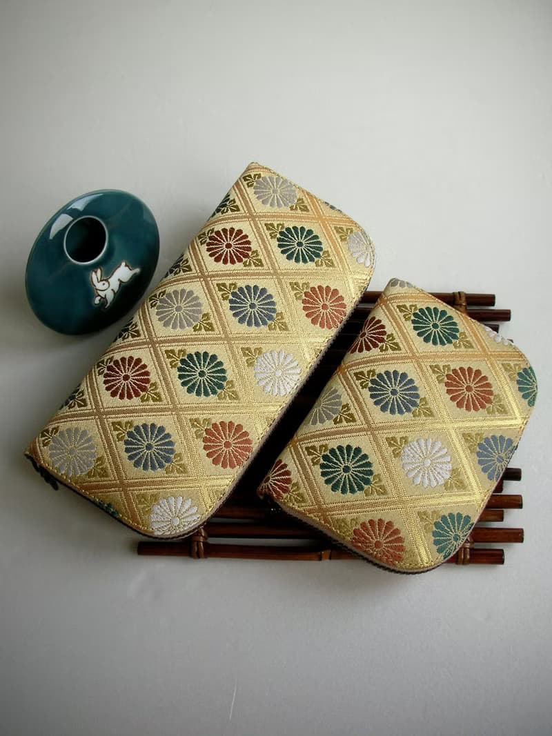 京西陣金襴錦織【菱格菊紋】-長夾/皮夾/零錢包/禮