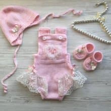 Hand knit pink romper with ivory lace, hat and shoes for baby girl.