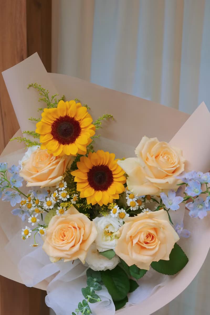夏日微光・向日葵香檳玫瑰花束
