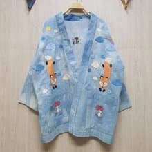 手工刺繡開衫、狐狸、松樹、雲